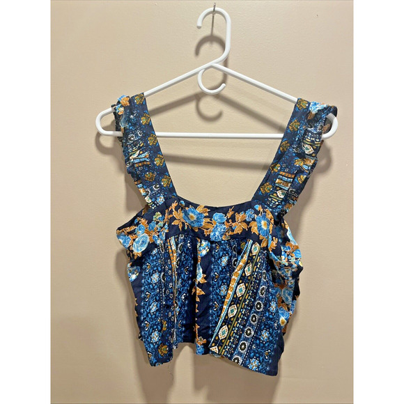 NWT Bog Collective Women's Blue Floral Crop Top XS Ruffles Boho Western Cottage - Picture 3 of 9